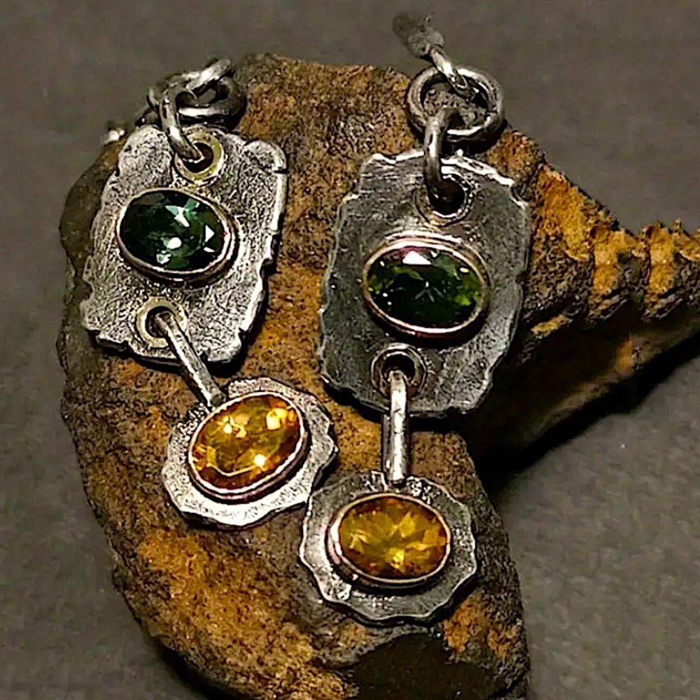 Silver Citrine Peridot Dangle Vintage Boho Earrings